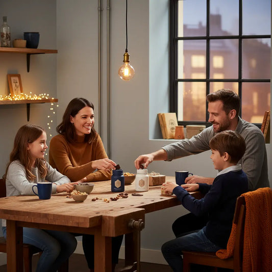 Gemütliche Abendrunde am Holztisch, Freunde greifen nach Süßigkeiten und kleinen Geschenken – süßigkeiten geschenke männer, warme Lichtstimmung