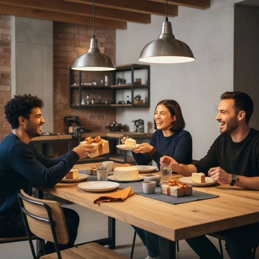 Kleine Familie beim Taufgeschenk übergeben am warmen Esstisch mit Holzoberflächen, Metalldetails und minimalistischer Steelmonks-Ästhetik