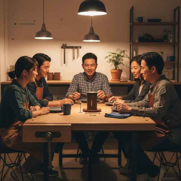 Intime Abendrunde an Holztisch mit dem Produkt aus Referenzfotos im Zentrum – taufgeschenke in warmer Lichtstimmung, metallische Details und minimalistische industrielle Ästhetik.