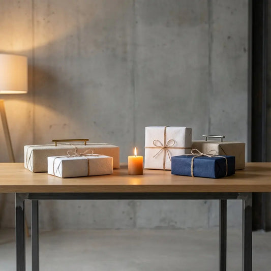 Gemütliches Wohnzimmer nach einer Taufe mit Holztisch, dezent verpackten Geschenken, kleiner Taufkerze und metallischen Akzenten im Steelmonks-Stil, ideal für Taufpate
