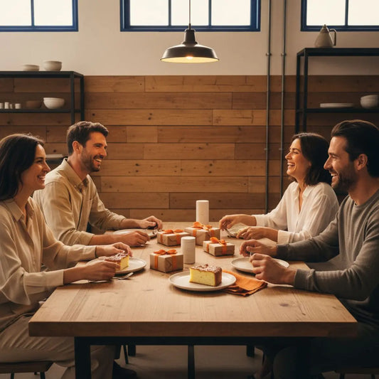 Kleine Familie tauscht Geschenke an einem warm beleuchteten Holztisch mit mehreren kleinen Geschenkboxen und einem Stück Vanillekuchen – teenager geschenke ideen