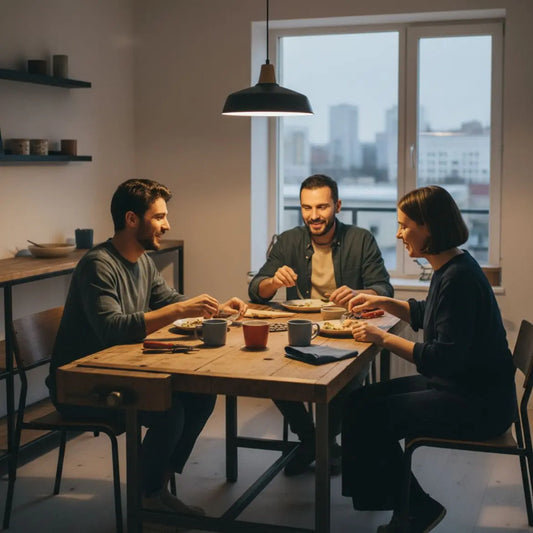 Familie oder enge Freunde versammelt am Holztisch mit Metalldetails, warmes Licht und minimalistische Atmosphäre, traditionen 40 geburtstag im Fokus