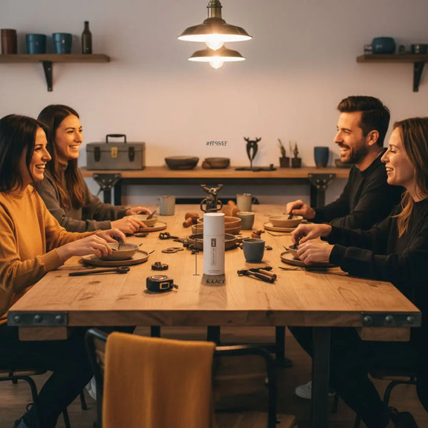 Trends bei Jugendlichen 2025: kleine Familie lacht am Holz-Esstisch mit Metalldetails, warmes Licht, Hände greifen nach Tellern und einem dezent platzierten Produkt aus den Referenzfotos.