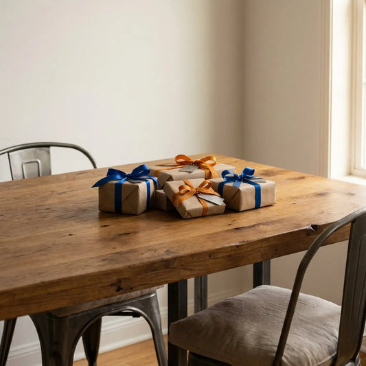 Esstisch mit dezent verpackten tröstende Geschenke, warmes Licht, Holzoberflächen und Metalldetails in einem ruhigen, minimalistisch-industriellen Interieur