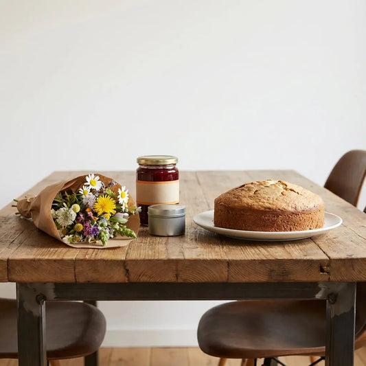 Nahaufnahme eines Holztischs mit typischen gastgeschenken deutschland Blumen Marmelade Metalldose und Vanillekuchen im warmen, leicht industriellen Esszimmer