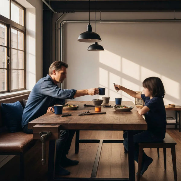 Kleine Familie um einen Holztisch, Hände greifen nach Tellern, warme Lichtstimmung und industrielle Metalldetails – Überraschungstag Ideen