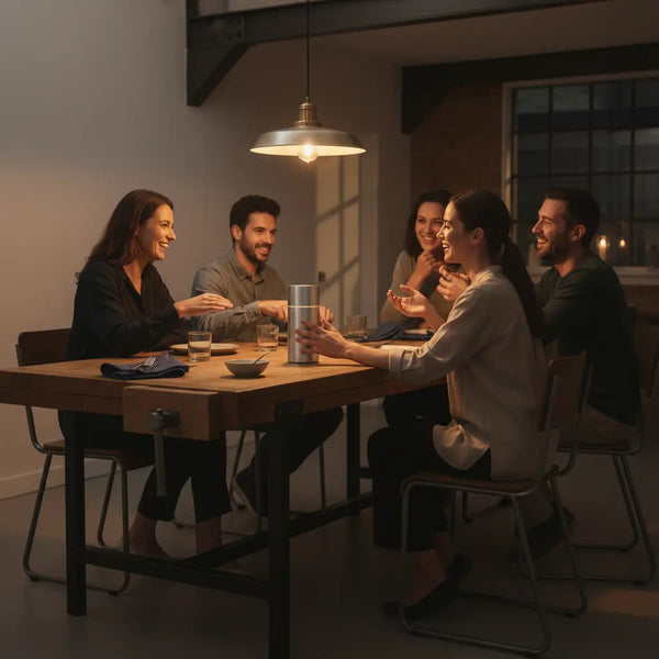 Kleine Gruppe beim Abendessen um einen holzigen Tisch, warmes Licht, das Produkt aus den Referenzfotos im Vordergrund — unangemessene Geschenke im Kontext von Nähe und Dankbarkeit.