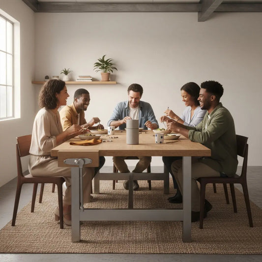 Kleine Familie lacht und greift nach Tellern an einem industriell-minimalistischen Esstisch mit Holz und Metalldetails, Produkt aus den Referenzfotos integriert – ungewöhnliche party-ideen