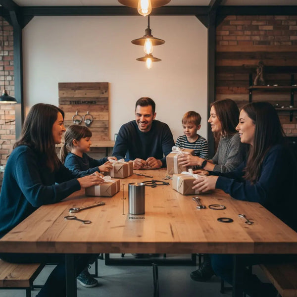 Vier Geschenke Regel – warme, realistische Essbank-Szene mit Familie um Holztisch, mehreren sorgfältig verpackten Geschenken und sichtbaren Metallakzenten