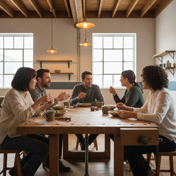 Kleine Familie an Esstisch in modern-industriellem Zuhause mit Holz- und Metalldetails, warmes Licht und Fokus auf Zusammensein — was brauchen lehrer unbedingt