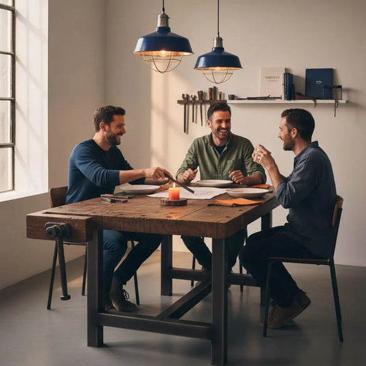 Was darf in keinem Garten fehlen? Kleine Familie um Holz-Esstisch, warme Lichtstimmung, dezente Metalldetails, minimalistischer, leicht industrieller Raum, #FAFAFF Hintergrund.