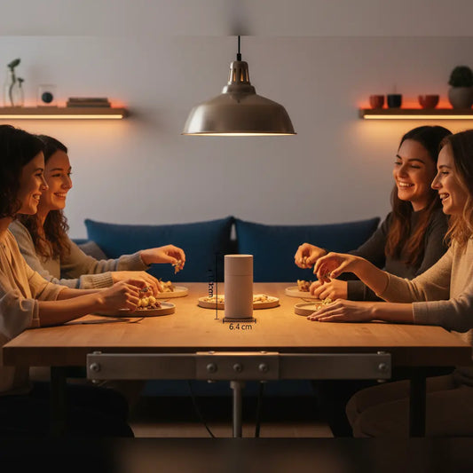 Intime Abend-Szene mit Familie am Holztisch, metallische Details, Hände greifen nach Tellern und dem Produkt aus Referenzfotos — was Frauen wollen