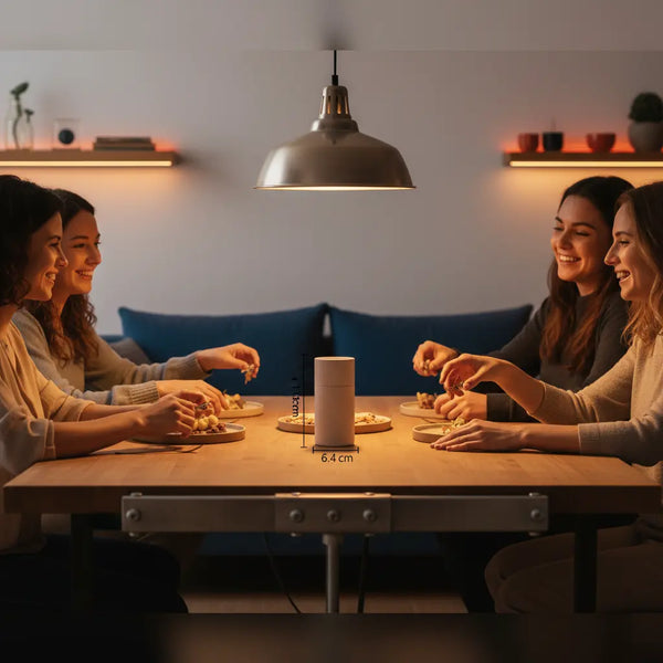 Intime Abend-Szene mit Familie am Holztisch, metallische Details, Hände greifen nach Tellern und dem Produkt aus Referenzfotos — was Frauen wollen