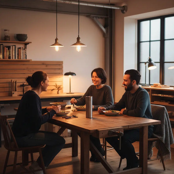 Abendliche, minimalistische Familien-Tischszene mit warmem Licht, Holz- und Metalldetails; Produkt sichtbar auf dem Tisch — was ist das symbol für 50 jahre ehe