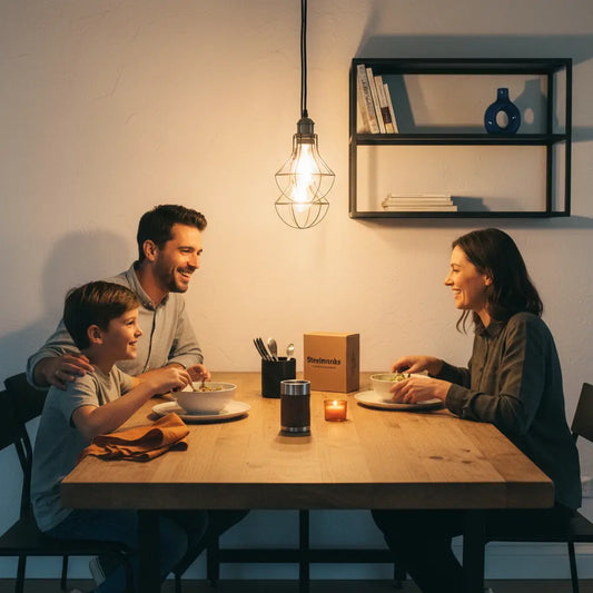 Abendliche Familienrunde am Tisch mit warmem, industriellem Flair und Holz- sowie Metalldetails, intime Stimmung und Zusammenhalt – Was ist die 5-Geschenke-Regel für Männer?
