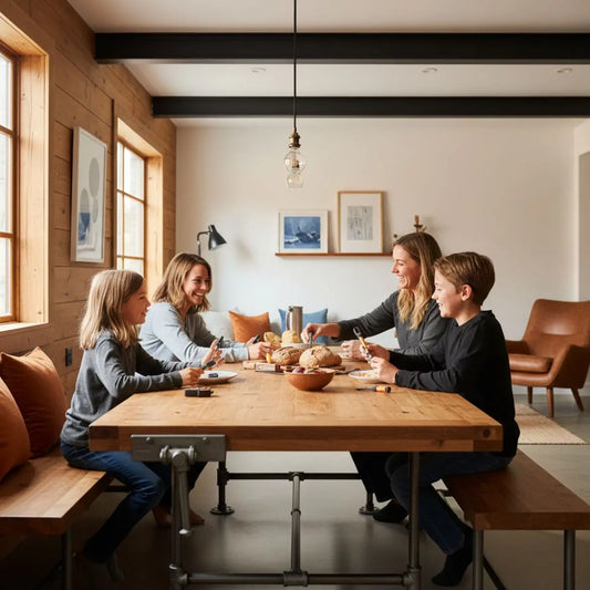 Authentische Szene einer kleinen Familie/Freunde am Tisch mit Metalldetails und Holzoberflächen, warmes Licht und lockeres Zusammensein. Thema: Was kann ich jemandem schenken, der nichts will
