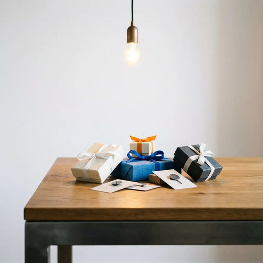 Nahaufnahme eines Esstisches mit stilvoll verpackten Kleinigkeiten, Holz- und Metalldetails, warmes Licht – was kann ich meinem freund schenken kleinigkeit