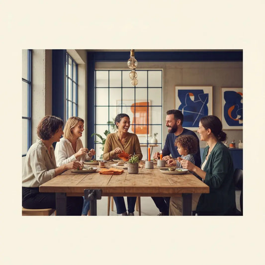 Kleine Familie um Esstisch im modern-industriellen Zuhause, warmes Licht, Holz- und Metalldetails, gemeinsames Lachen und Hände greifen nach Tellern – was kann ich meiner schwägerin schenken?
