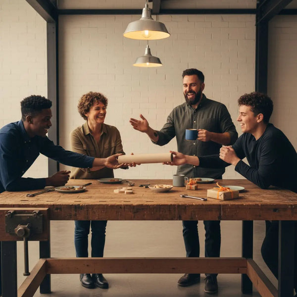 Familie am warm beleuchteten Esstisch mit Holz- und Metalldetails, Hände reichen Teller und das Produkt aus den Referenzfotos — Was kann man als Erlebnis schenken?