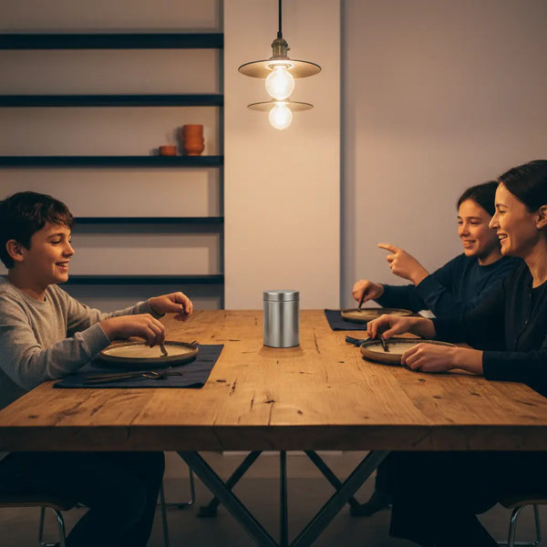 Intime Abendesszene mit Familie an Holz- und Metalltisch, Hände greifen nach Tellern und Geschenk – Was kann man einem 70-jährigen Mann schenken