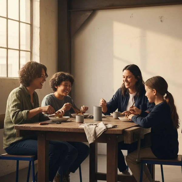 Kleine Familie am Esstisch in warmem Licht mit Holzoberflächen und Metalldetails, Produkt aus den Referenzfotos sichtbar – was kann man gravieren