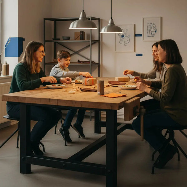 Familie am Esstisch in warmem, leicht-industriellem Raum, Hände greifen nach kleinen Ostergeschenken – Was kann man kleines zu Ostern verschenken?