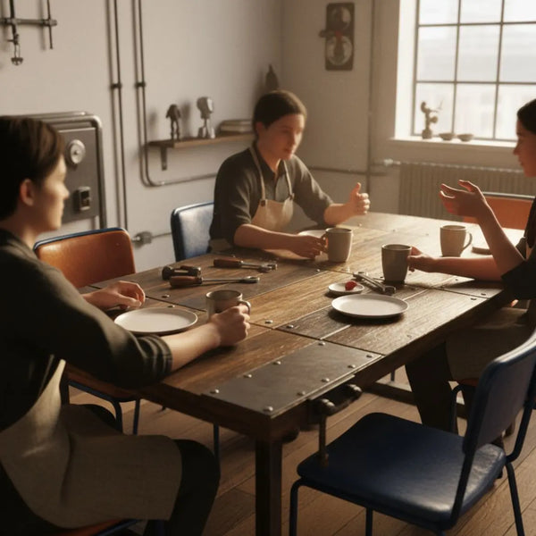 Familie am Esstisch mit Händen und Werkzeugen, warmes Holz- und Metalldesign – was kann man seinem vater zum geburtstag schenken, minimalistisches Industrial-Ambiente