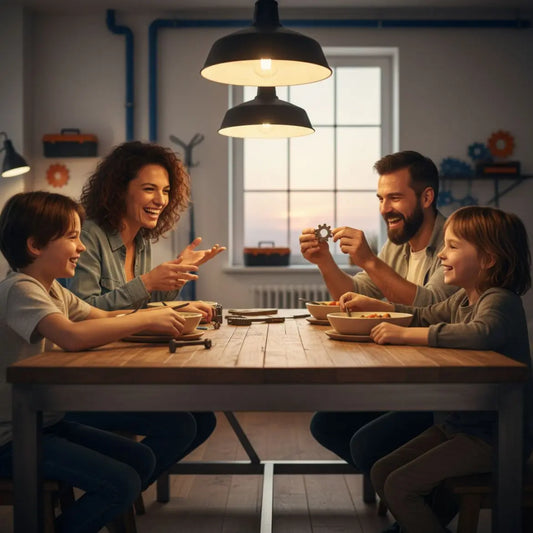 Was kann man seiner besten Freundin zu Weihnachten schreiben? Gemütliche, realistische Szene: Freunde am Esstisch, warmes Licht, Holzflächen, dezente Metalldetails, Hände greifen nach Tellern.