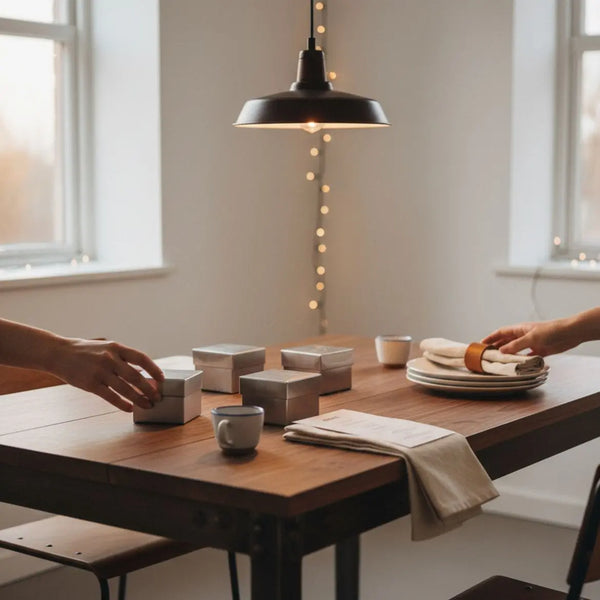 Was kann man zur Hochzeit als Überraschung machen? Gedeckter Esstisch mit kleinen metallischen Geschenken, warmen Lichterketten, Holz- und Metalldetails, subtile Steelmonks-Farben.