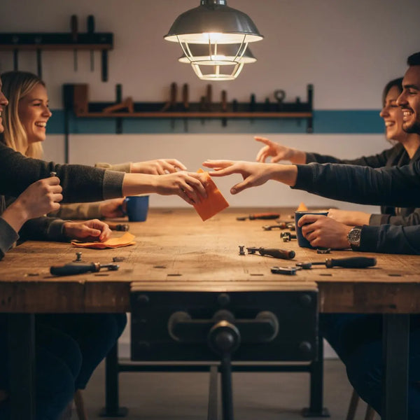 Nur Hände von Freunden und Familie sitzen um einen Holztisch, warmes Licht, dezente Metalldetails, minimalistisch – was kann man zur jugendweihe schenken