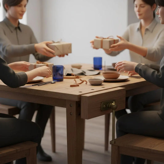 was können kinder ihren eltern schenken: Hände überreichen Geschenke auf einem Holztisch in einer warmen, minimalistischen Wohnküche mit leichten Industriemerkmalen