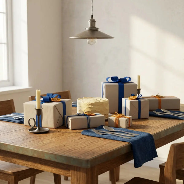 Gedeckter Esstisch mit Geschenkboxen und schlichter Geburtstagstorte – Idee, was machen zum 30. geburtstag in ruhiger, leicht industrieller Atmosphäre.