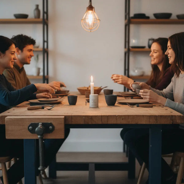 Gemütliche abendliche Esstischszene mit Händen, geteilten Tellern und Werkzeugen, warme Beleuchtung und Holz‑Metallakzente — was mögen ältere menschen: Nähe und Gemeinschaft.