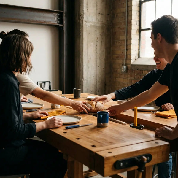 Kleine Familie feiert vereint an einem rustikal-industriellen Tisch, warme Beleuchtung und Hände im Austausch – was sagt man zum bestandenen abschluss