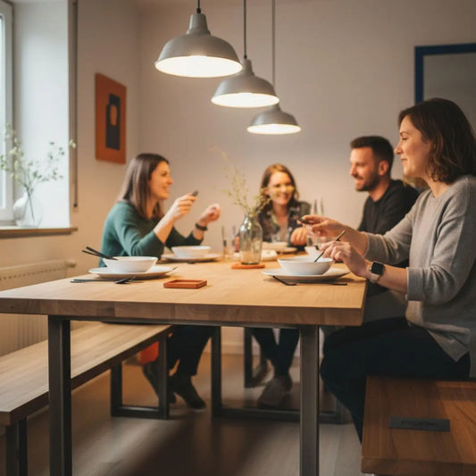 was sagt man zum jahrestag partner: Warmes Beisammensein am Esstisch, Hände greifen nach Tellern, leicht industrieller Raum mit Holz- und Metallakzenten, #FAFAFF Hintergrund.