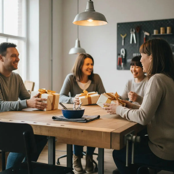 Kleine Familie am Esstisch öffnet Geschenke in warmem, leicht industriellem Wohnraum mit Holz- und Metallakzenten – Was schenke ich meinem Mann zum 30-jährigen Hochzeitstag?
