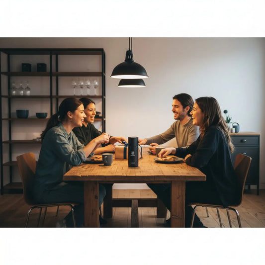 Was schenken Oma und Opa zur Einschulung? Familie am Esstisch, Lachen und Hände reichen Geschenke, warmer industrieller Raum mit Holz- und Metalldetails.