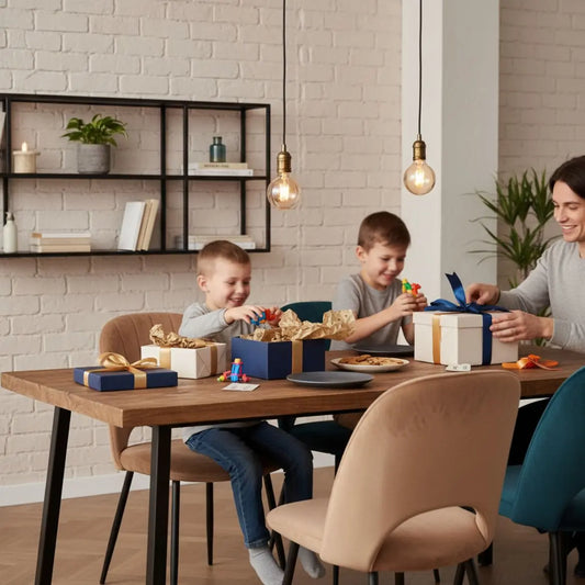 Was schenkt man als Firmpatin zur Firmung? Esstisch mit geöffneten Geschenkboxen, Samtpolstern, warmem Licht und dezenten Metall‑Details in minimalistischem Interior