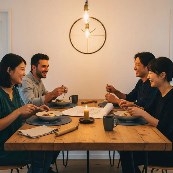 Kleine Familie am warm beleuchteten Esstisch mit Holz- und Metalldetails, intime Stimmung und Hände beim Greifen nach Tellern – was schenkt man dem chef zu weihnachten