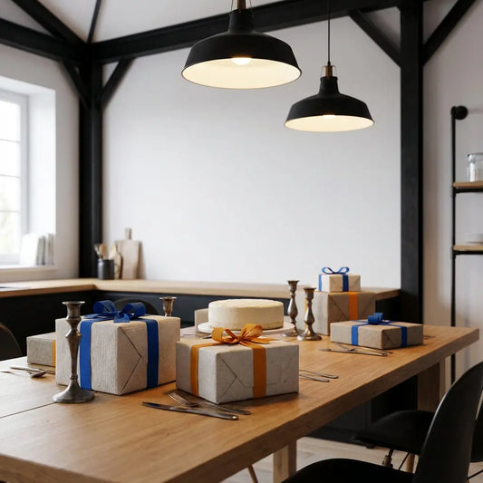 Was schenkt man der Tochter zum 30. Geburtstag? Minimalistisches Esszimmer mit Holztisch, Geschenkpaketen und einfacher Vanilletorte, warme industrielle Akzente, Full Frame