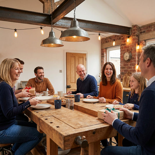 was schenkt man der trauzeugin: Freunde um Esstisch in gemütlichem, leicht industriellem Zuhause, warmes Licht, Holz- und Metalldetails, Hände reichen Geschenke