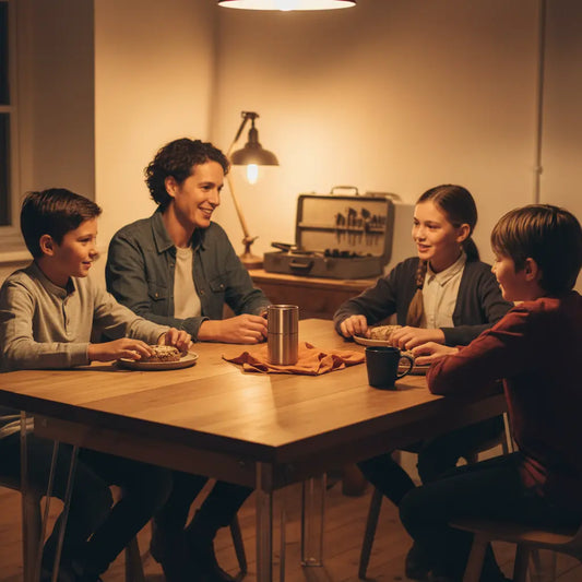 Gemütliche Abend-Szene an Holztisch mit Freunden, warmes Licht, metallische Details und Produkt aus den Referenzfotos zentral platziert — Was schenkt man einer Mama, die alles hat?