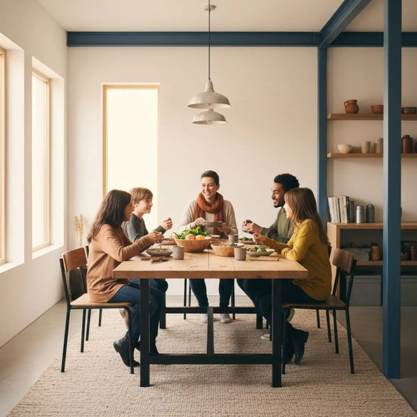 Kleine Familie lacht am Esstisch in hellem, leicht industriellen Zuhause mit Holz- und Metalldetails – Was schenkt man einer Mama, die schon alles hat?