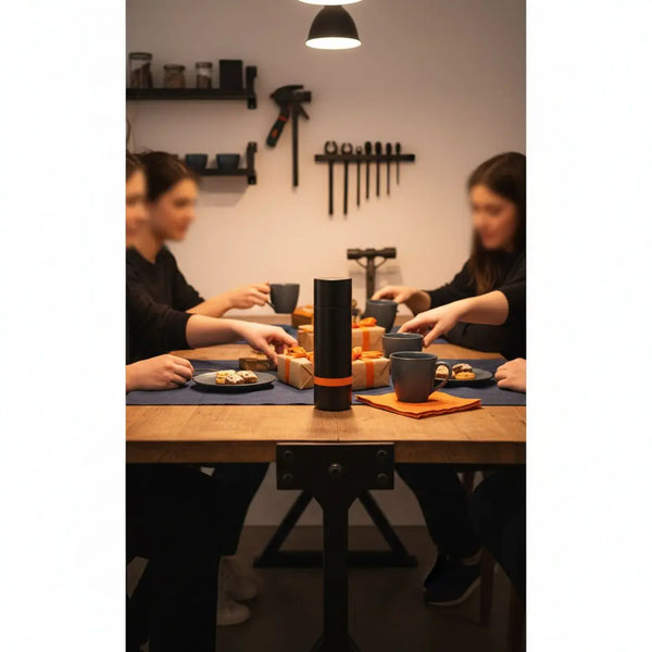 Familie am Holztisch mit kleinen Geschenken und Tee in warmem, leicht industriellem Ambiente – Was schenkt man erwachsenen Enkelkindern zu Ostern?