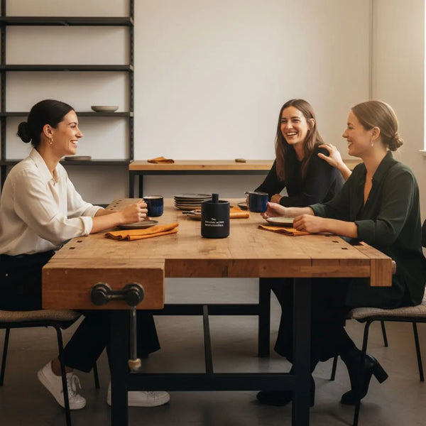 Was schenkt man Freunden zum Geburtstag? Kleine Gruppe enger Freunde bei einem gemütlichen Essen am industriell-minimalistischen Tisch, gemeinsames Lachen, Hände greifen nach Tellern, Produkt aus den Referenzfotos sichtbar.
