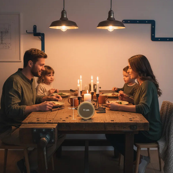 Warme Abendaufnahme von Freunden um einen Holztisch mit metallischen Details und dem Produkt im Vordergrund – was schenkt man jemandem der schon alles hat