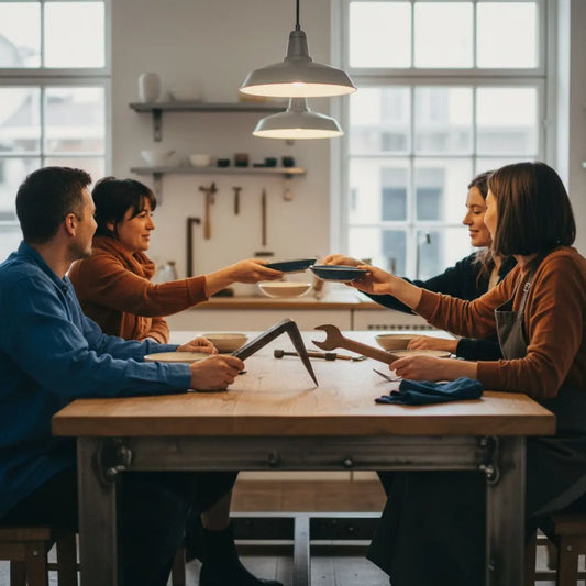 was schenkt man pro person bei einer hochzeit: kleine Familie an Esstisch/Werkbank, warme Beleuchtung, industrielle Metalldetails und Holzoberflächen, Hände greifen nach Tellern