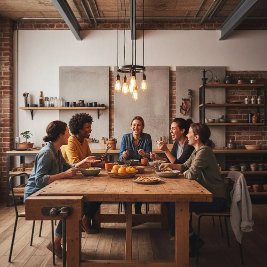 Was schenkt man reichen Leuten, die alles haben? Kleine Familie und Freunde am Esstisch in warmem Licht mit industriellen Metall- und Holzdetails, Hände greifen nach Tellern.
