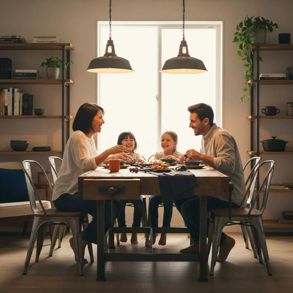 Kleine Familie lacht und teilt Essen an einem warmen Holztisch im leicht-industriellen Zuhause – authentisches Zusammensein. Was schenkt man seiner großen Liebe?