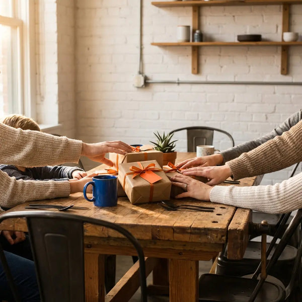 Was schenkt man zu einer Gender Babyparty? Nahaufnahme: Hände greifen nach Geschenken auf einem minimalistisch eingerichteten, leicht industriellen Esstisch mit Holz- und Metalldetails.